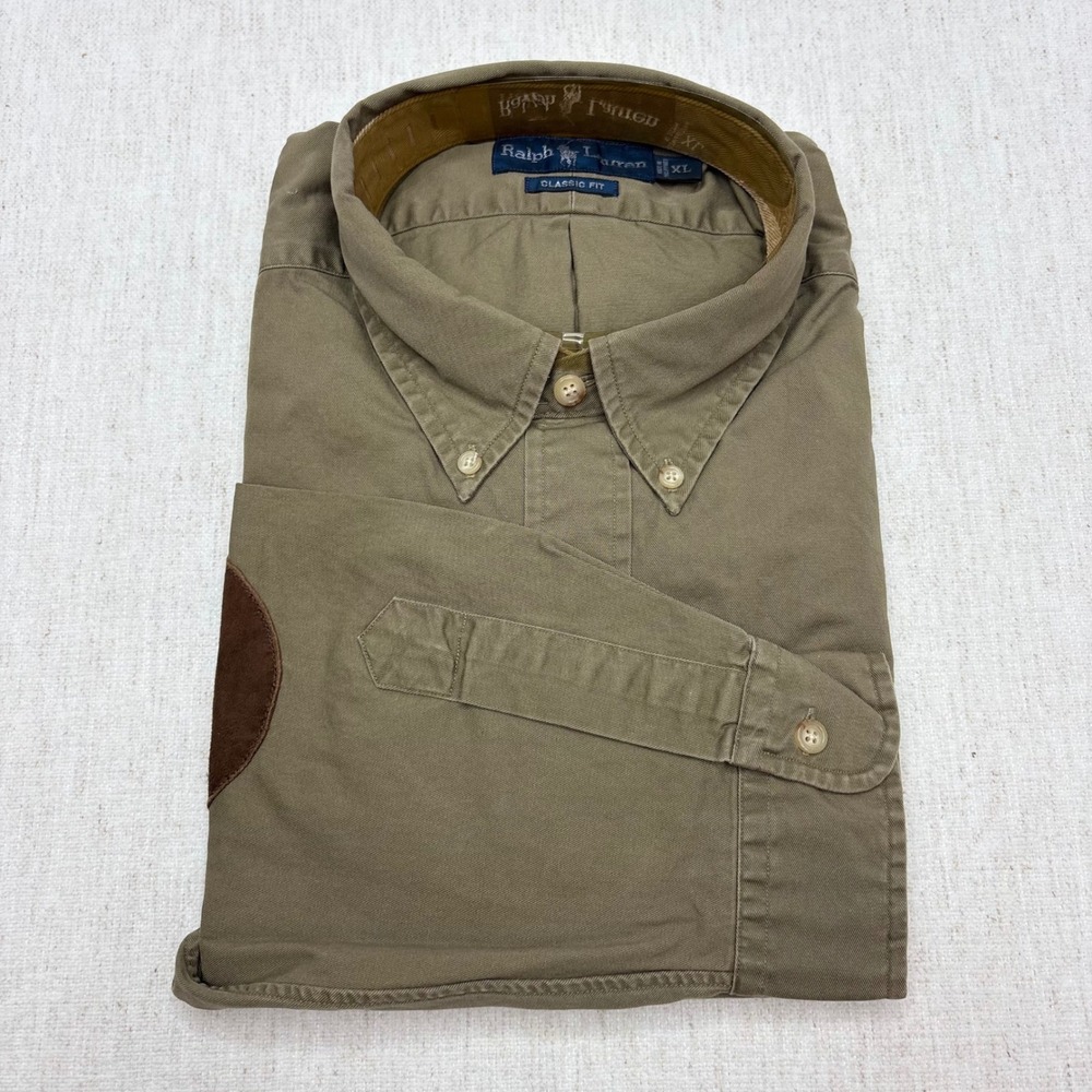 Ralph Lauren Classic Fit Chino Shirt XL Olive Green Suede Elbow Patches NWT